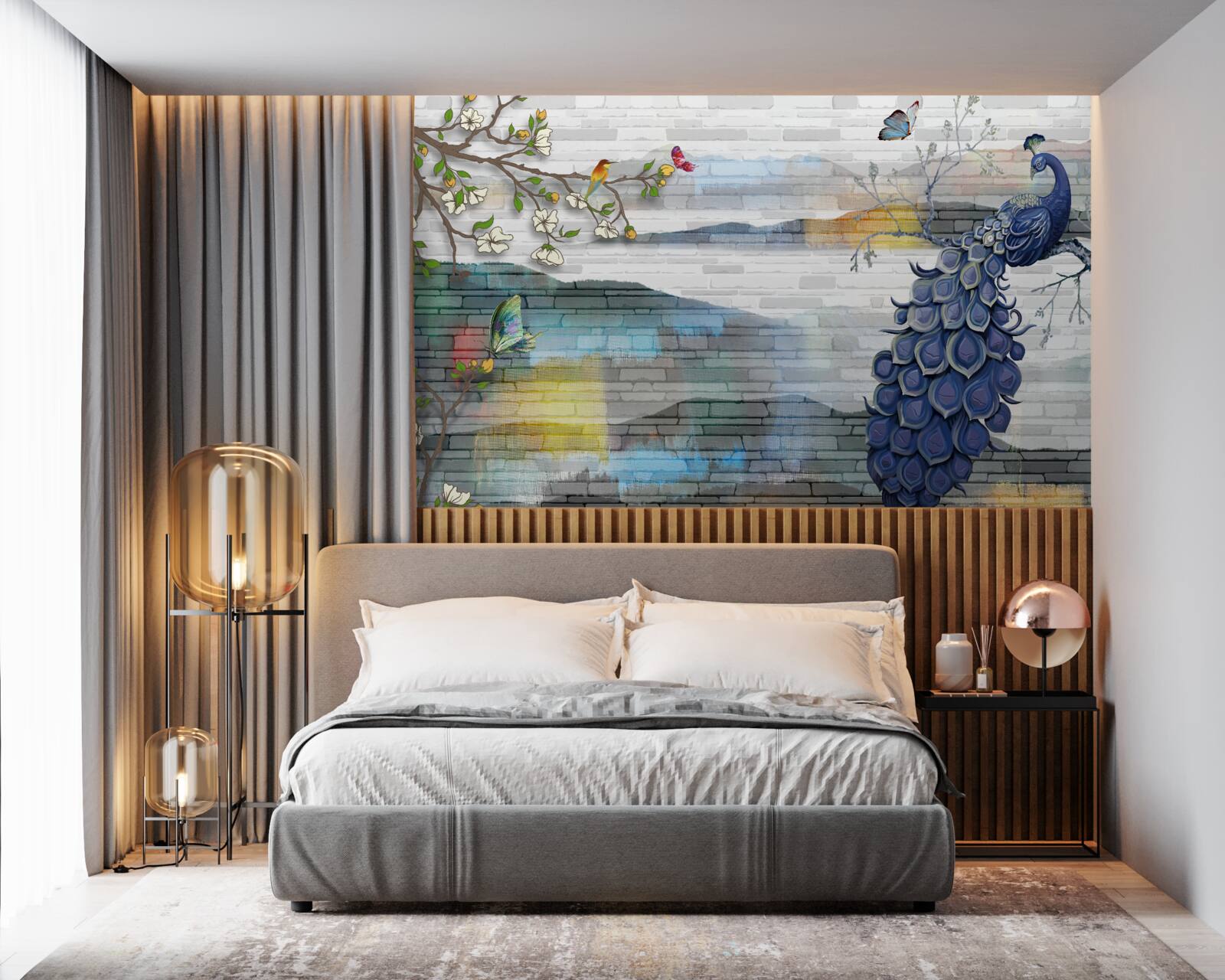 Fotobehang abstractie van pauw- en jasmijntakken