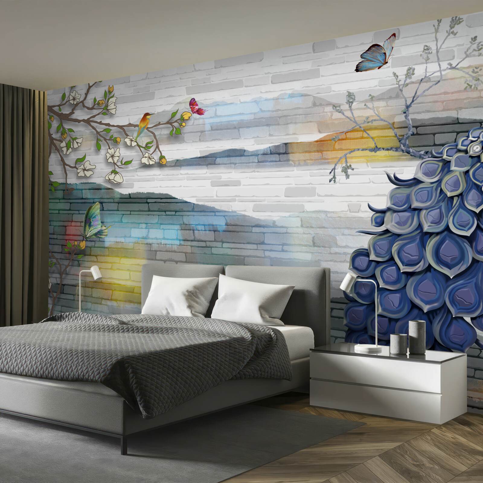 Fotobehang abstractie van pauw- en jasmijntakken