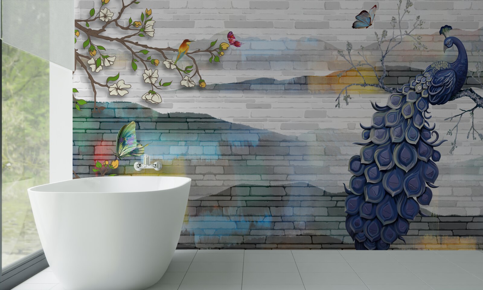 Fotobehang abstractie van pauw- en jasmijntakken