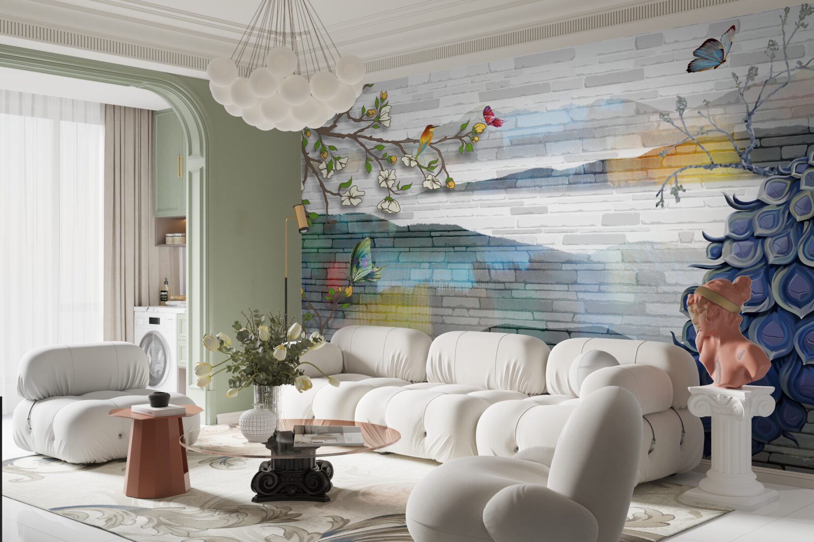 Fotobehang abstractie van pauw- en jasmijntakken