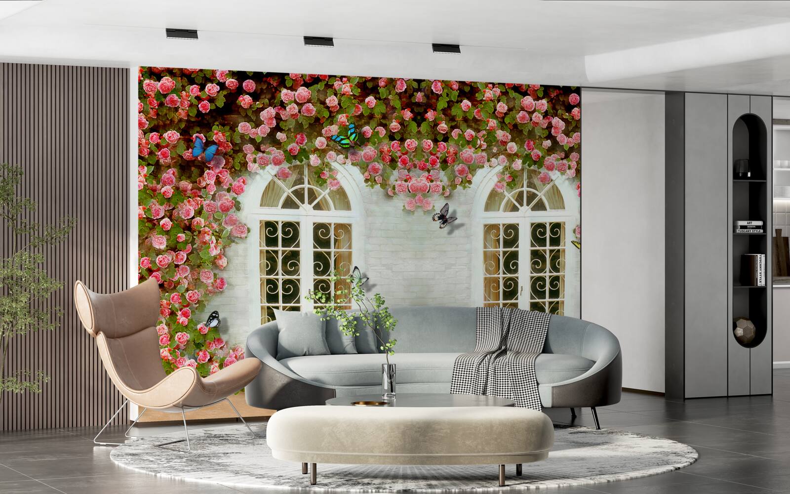 Fotobehang de ramen zijn omringd door bloeiende rozen