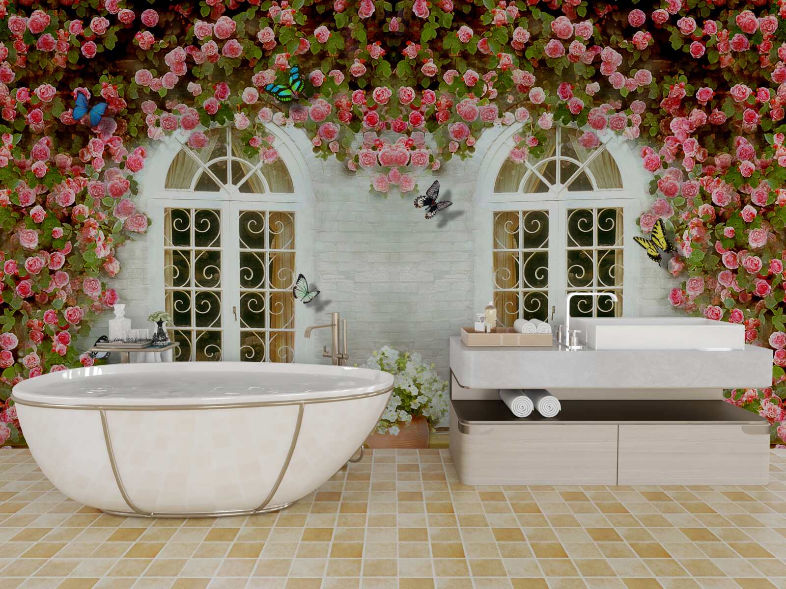 Fotobehang de ramen zijn omringd door bloeiende rozen