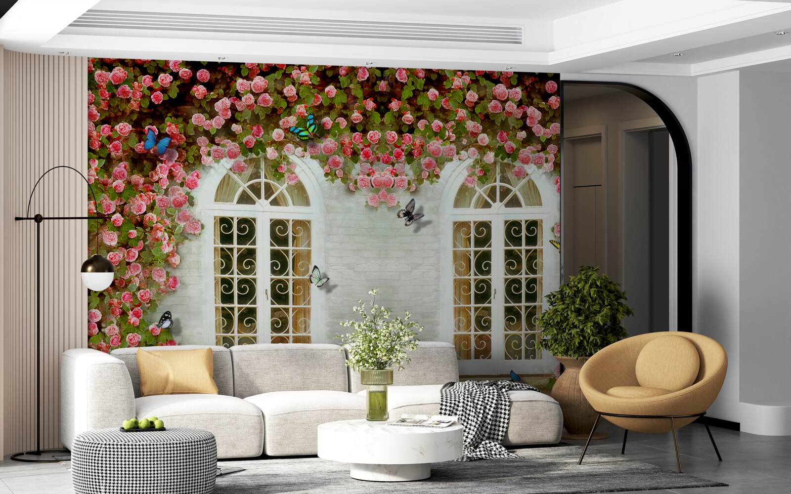 Fotobehang de ramen zijn omringd door bloeiende rozen