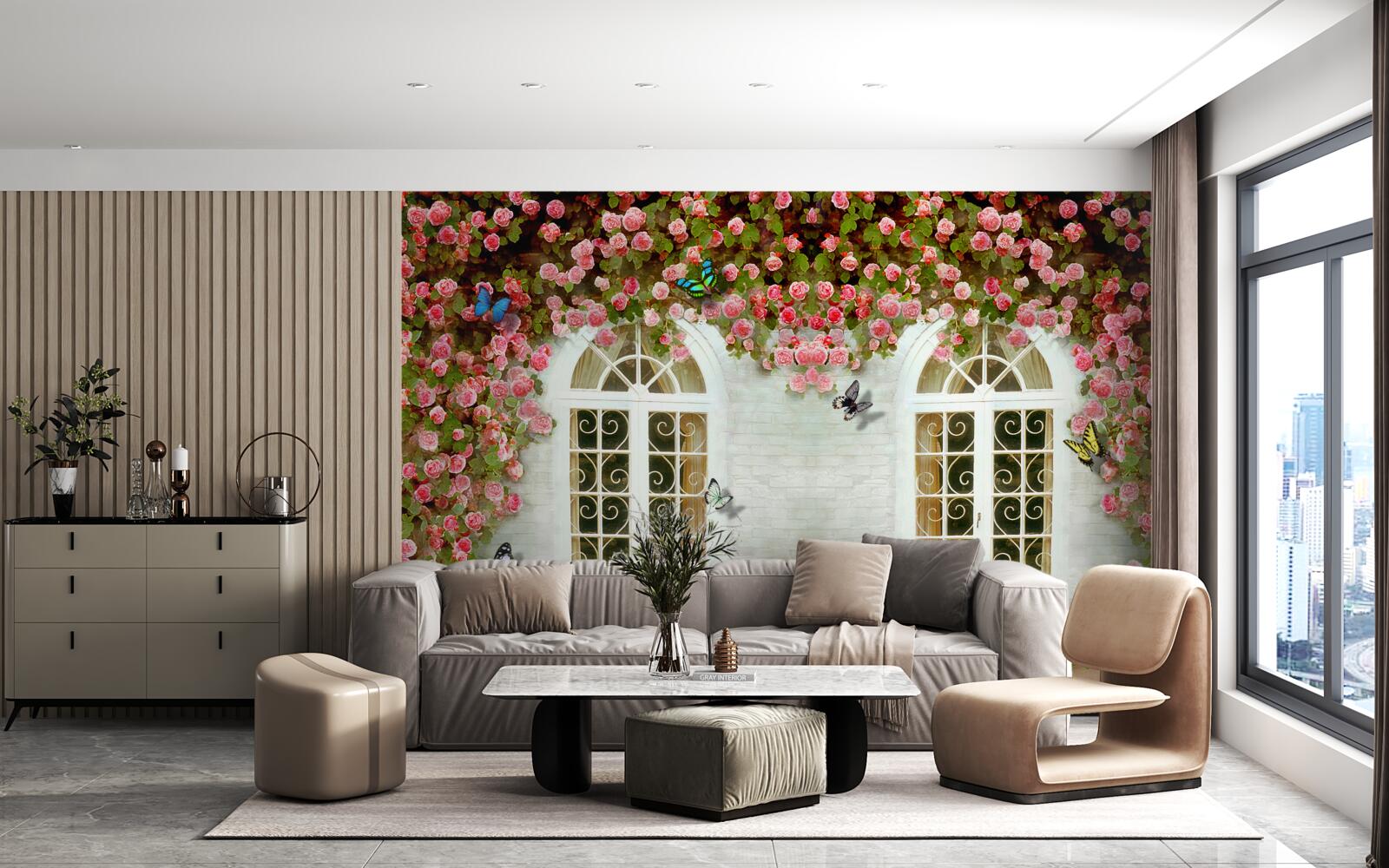 Fotobehang de ramen zijn omringd door bloeiende rozen