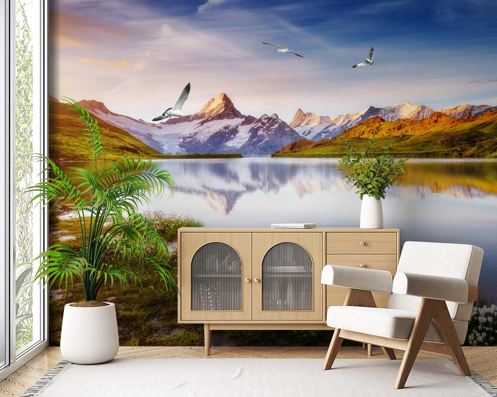 Fotobehang zonsondergang boven een bergrivier