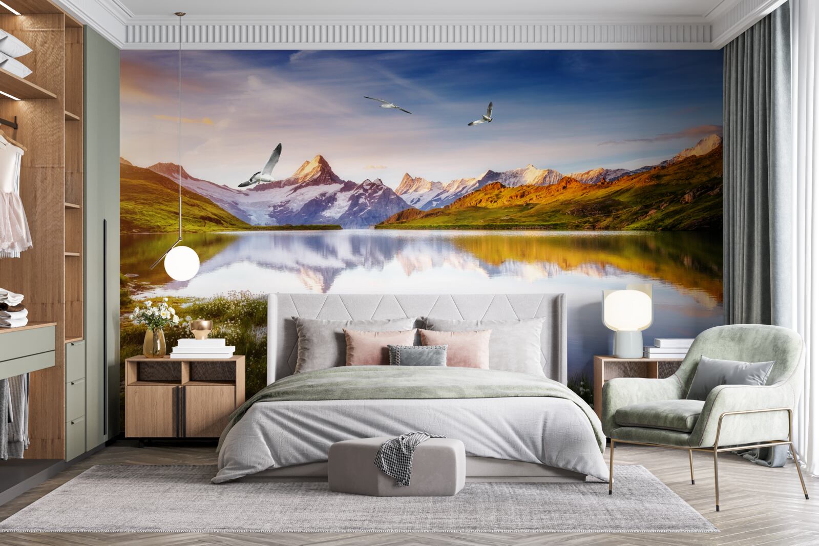 Fotobehang zonsondergang boven een bergrivier