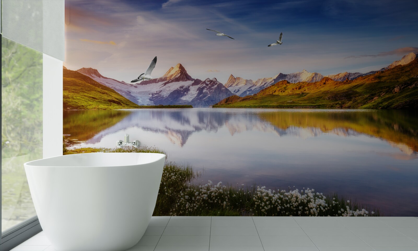 Fotobehang zonsondergang boven een bergrivier