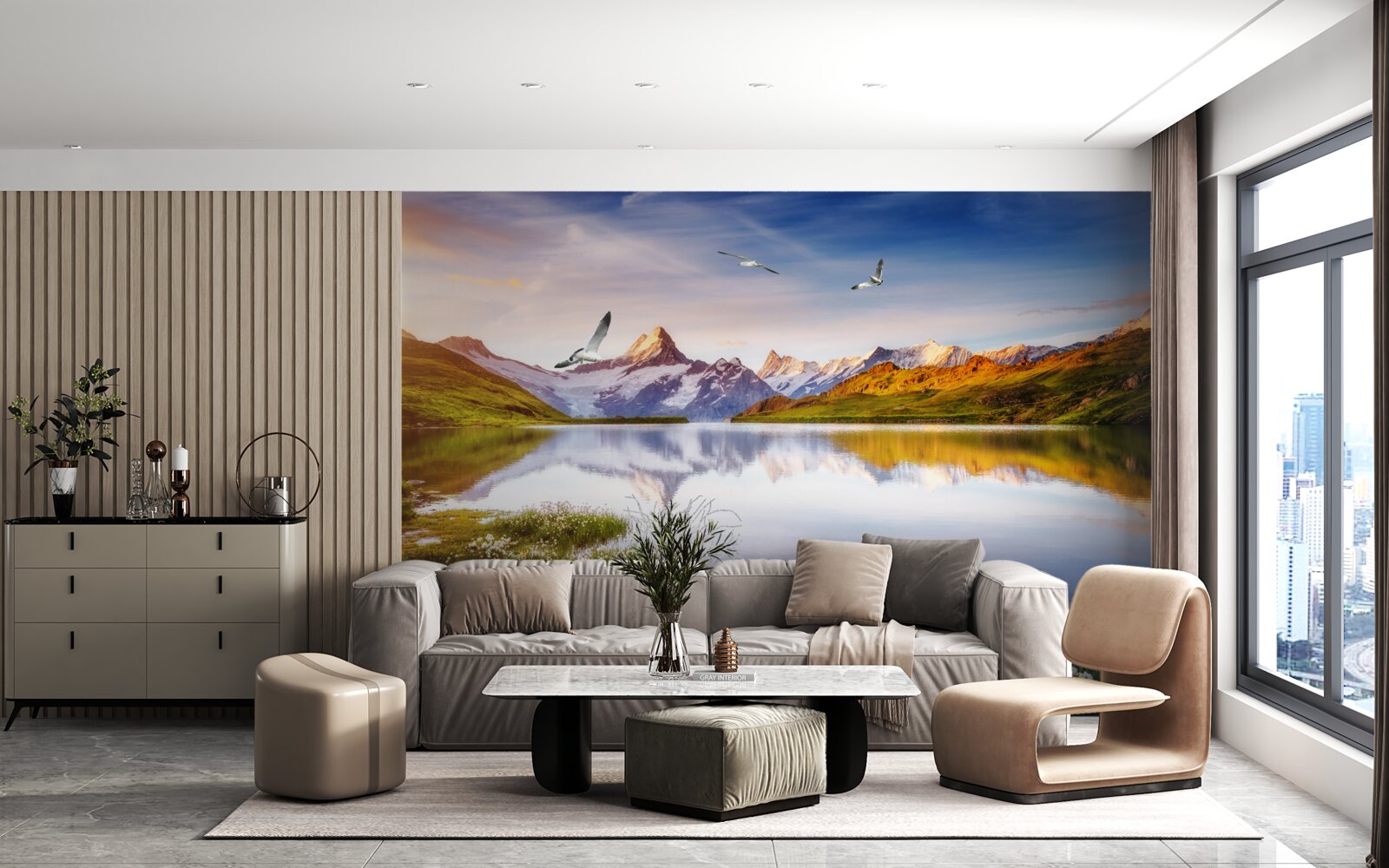 Fotobehang zonsondergang boven een bergrivier