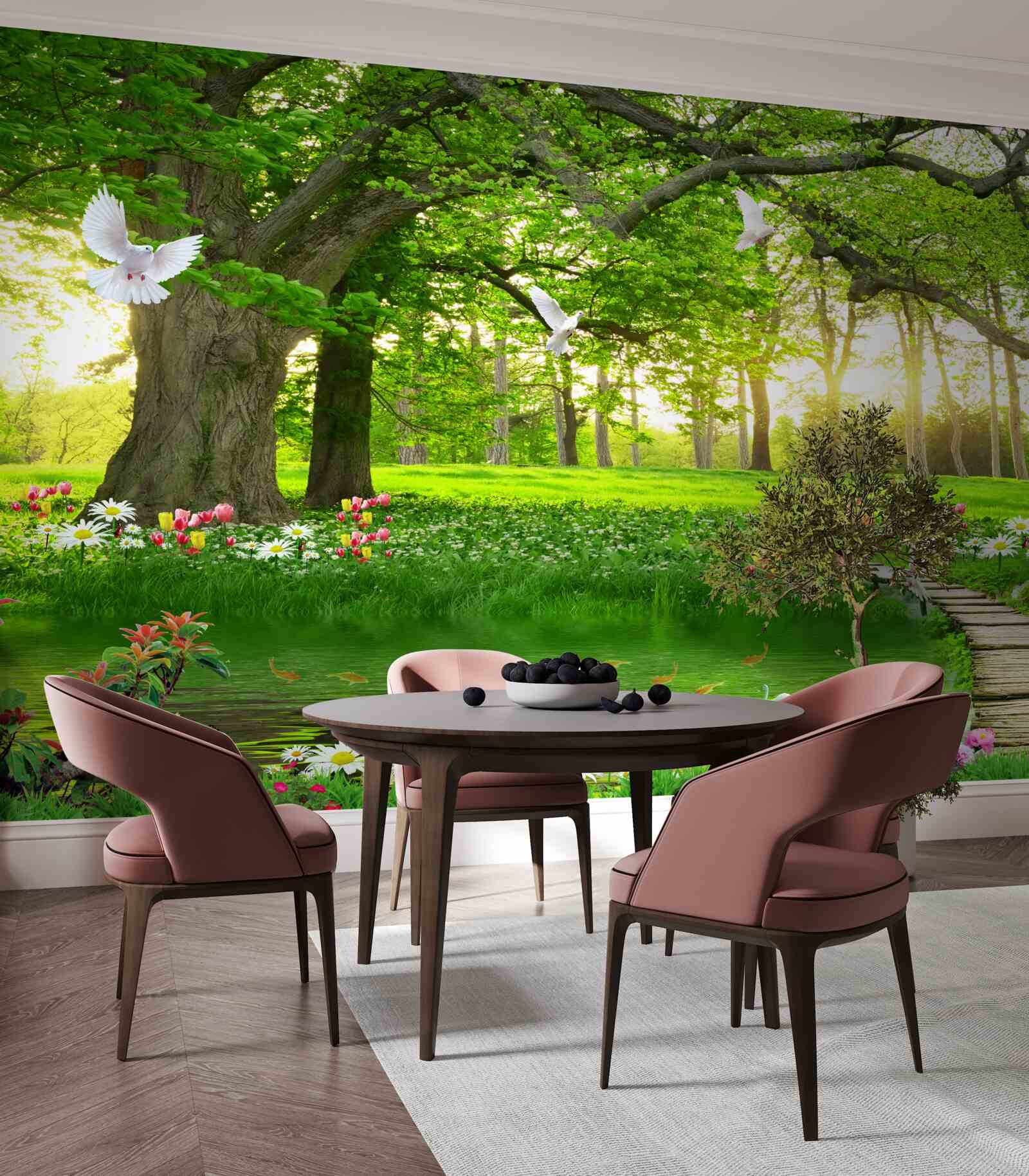 Fotobehang bij zonsopgang is de zonnige weide groen