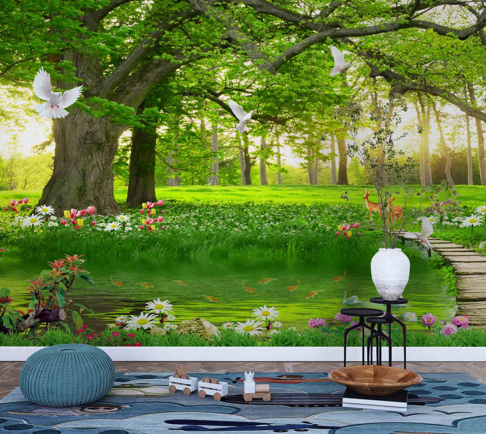 Fotobehang bij zonsopgang is de zonnige weide groen