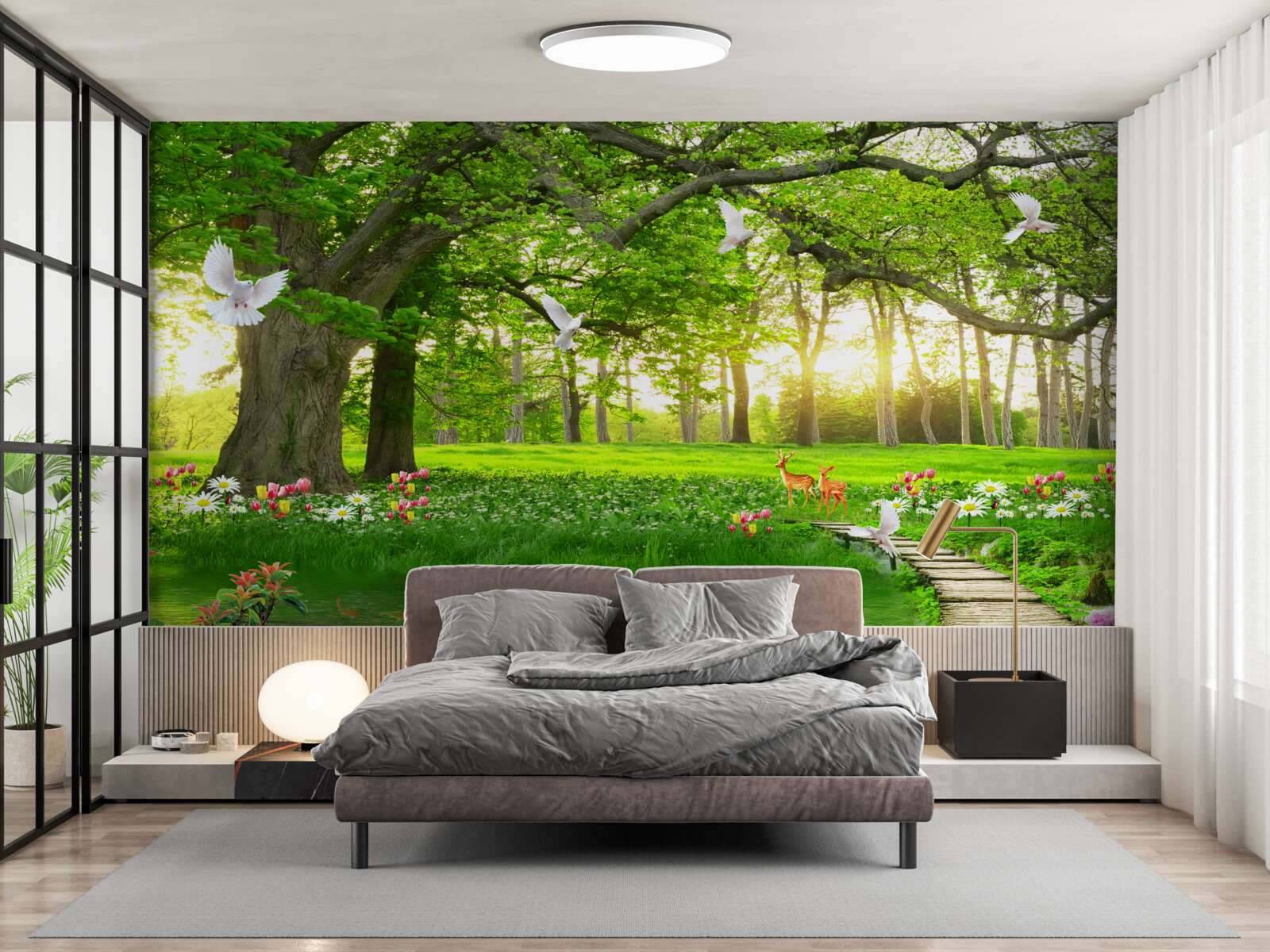 Fotobehang bij zonsopgang is de zonnige weide groen