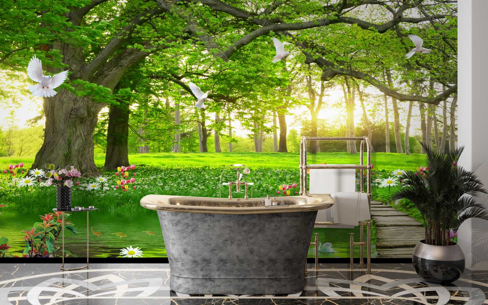 Fotobehang bij zonsopgang is de zonnige weide groen