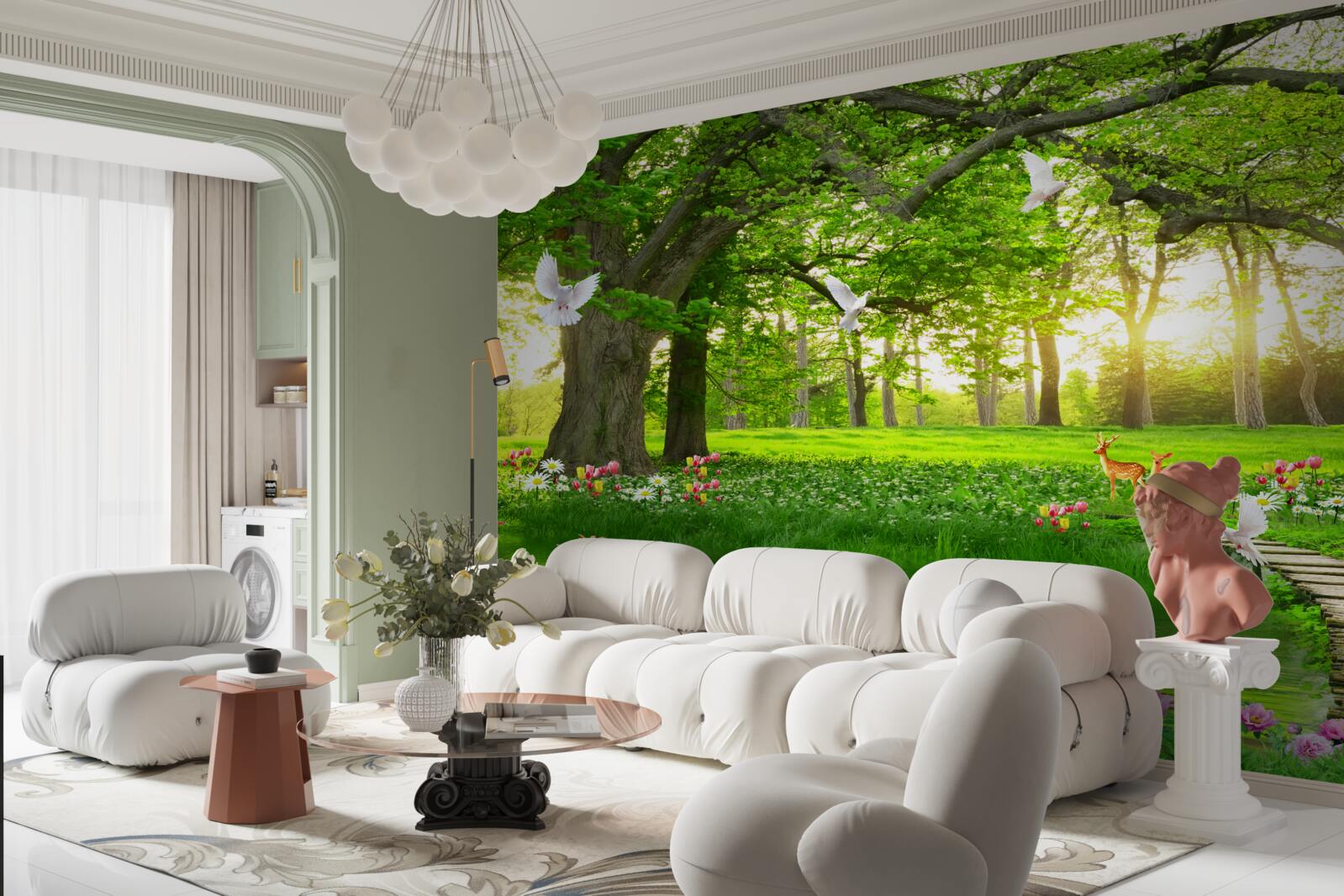 Fotobehang bij zonsopgang is de zonnige weide groen