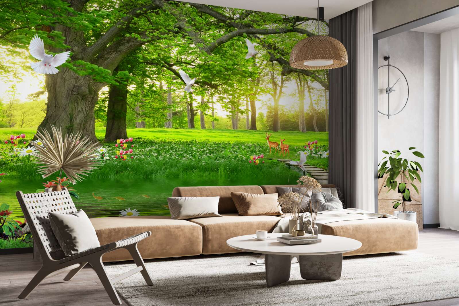 Fotobehang bij zonsopgang is de zonnige weide groen