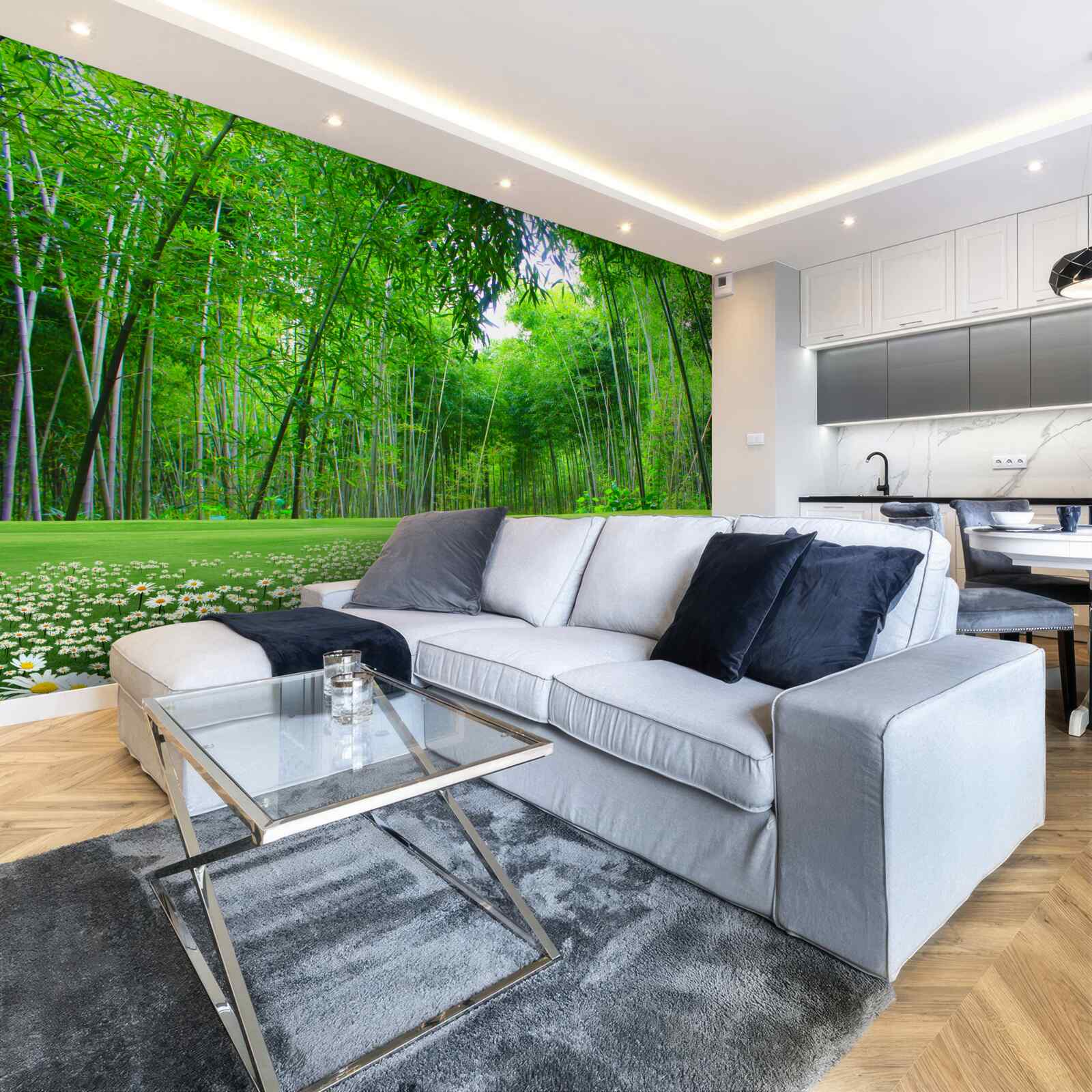 Fotobehang een veld dat een bamboebos wordt