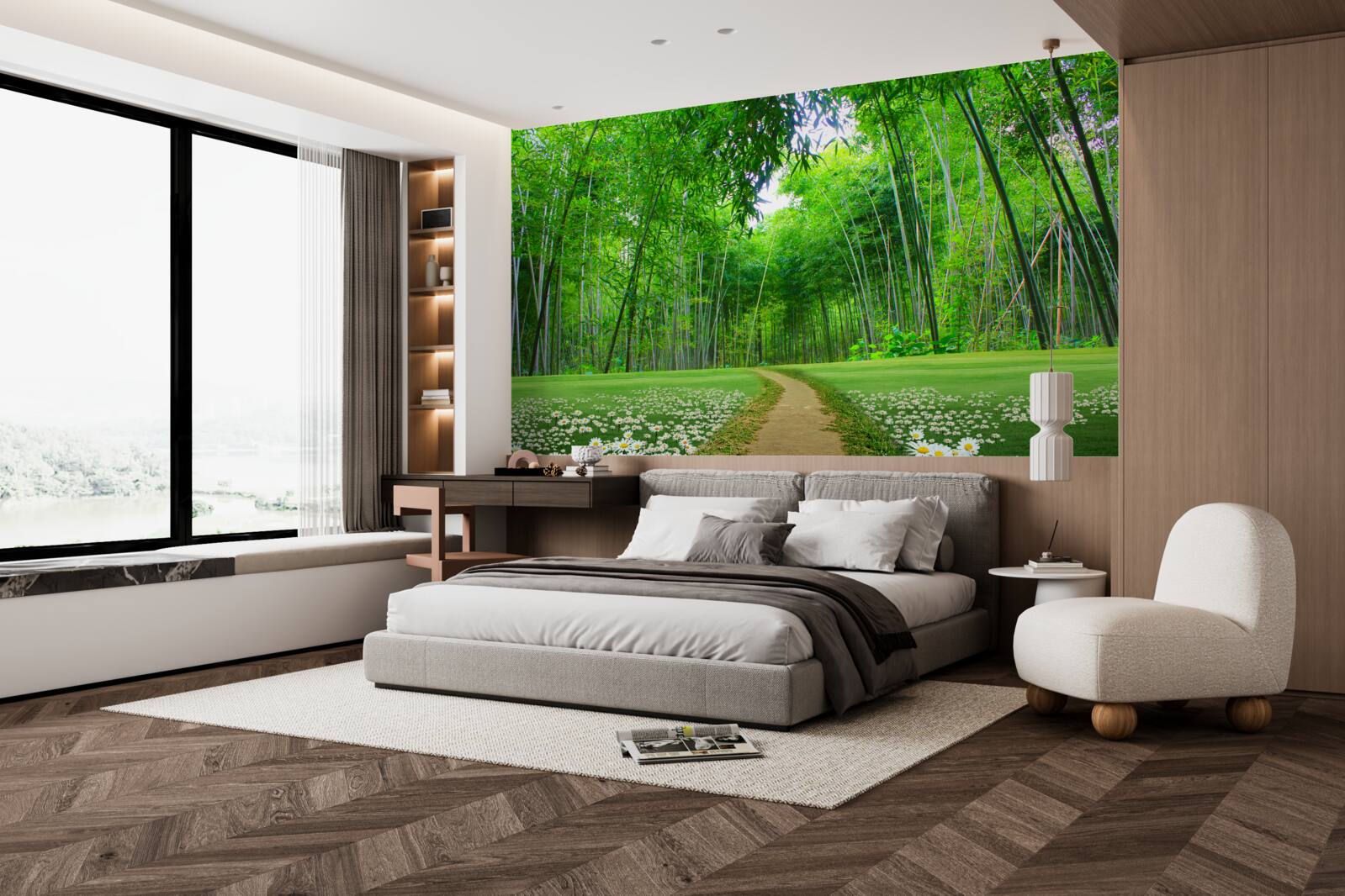 Fotobehang een veld dat een bamboebos wordt