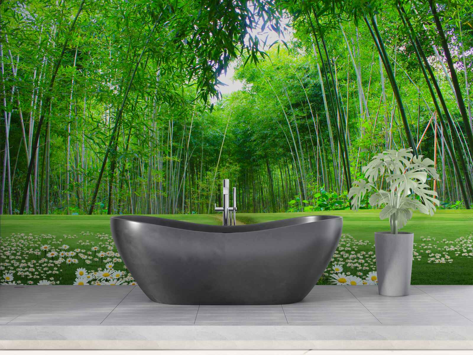 Fotobehang een veld dat een bamboebos wordt