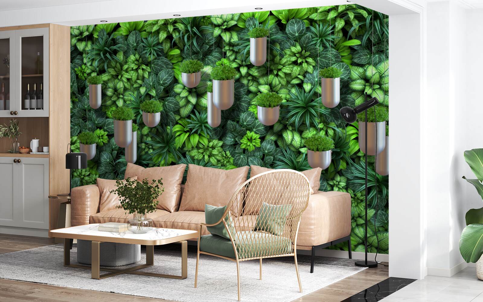 Fotobehang de kleur is groen en de planten staan in een pot