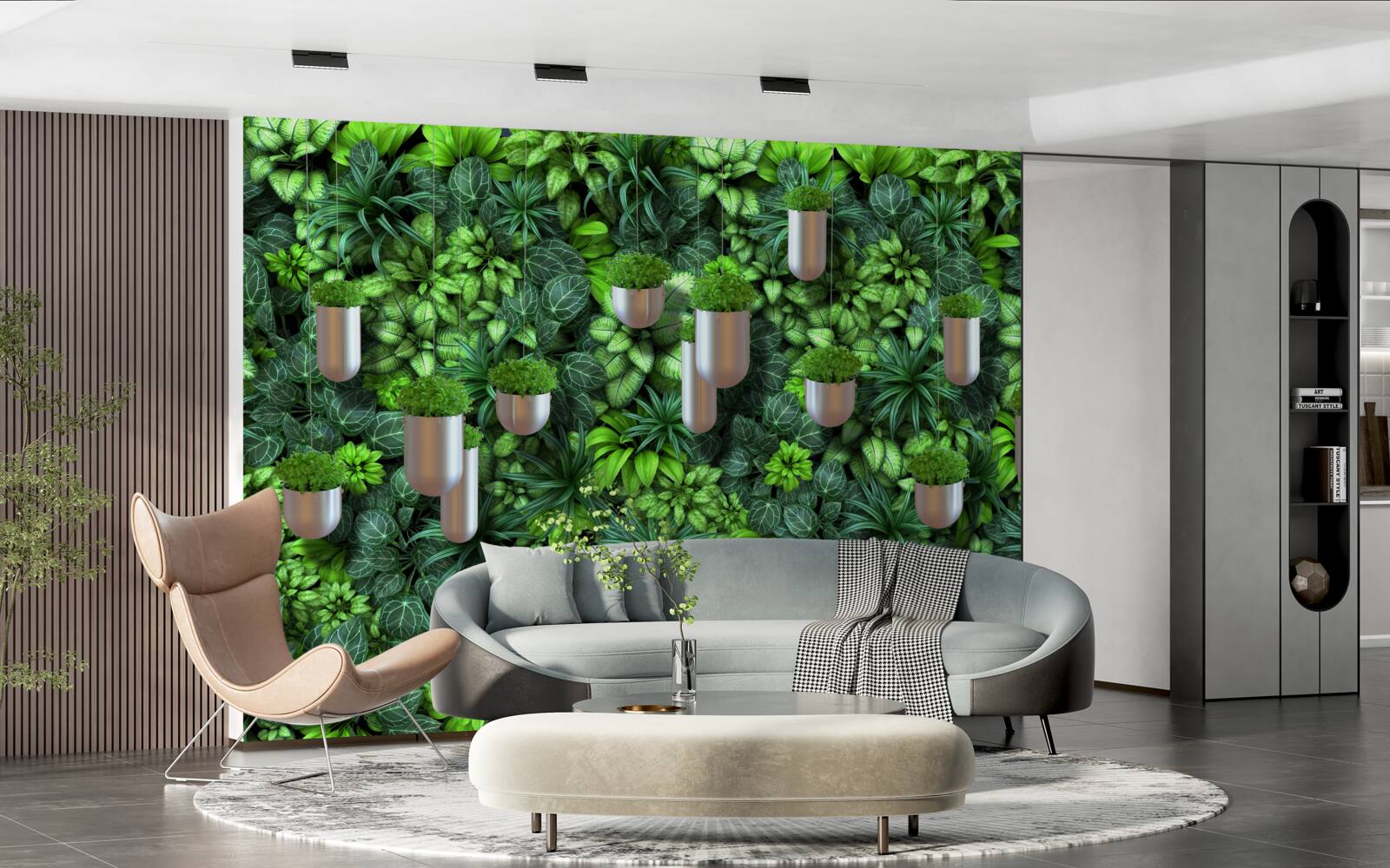 Fotobehang de kleur is groen en de planten staan in een pot