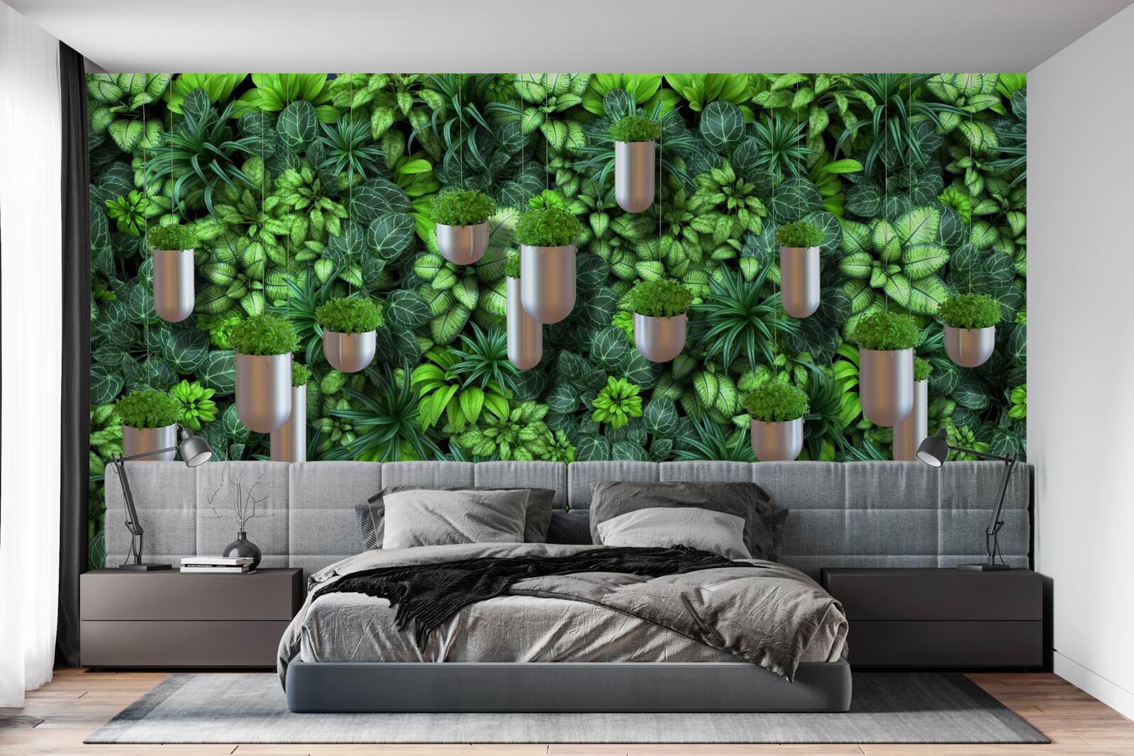 Fotobehang de kleur is groen en de planten staan in een pot