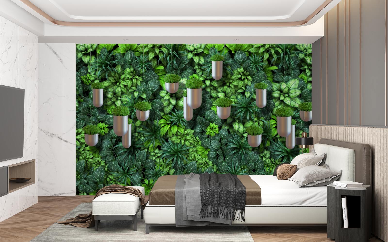 Fotobehang de kleur is groen en de planten staan in een pot