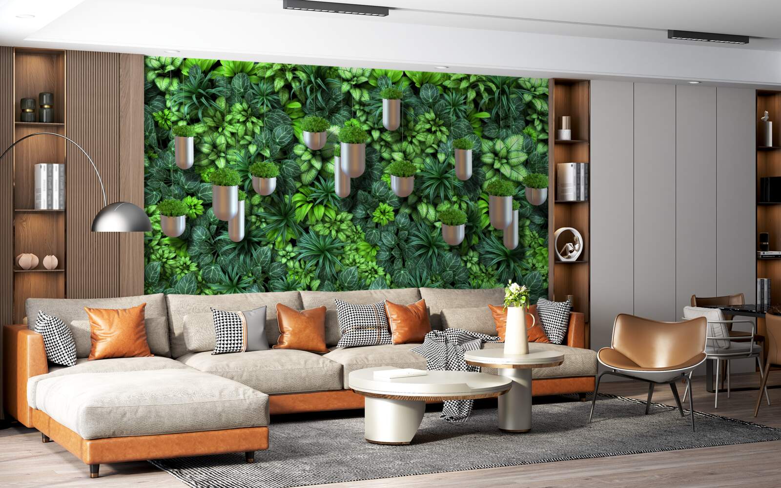 Fotobehang de kleur is groen en de planten staan in een pot