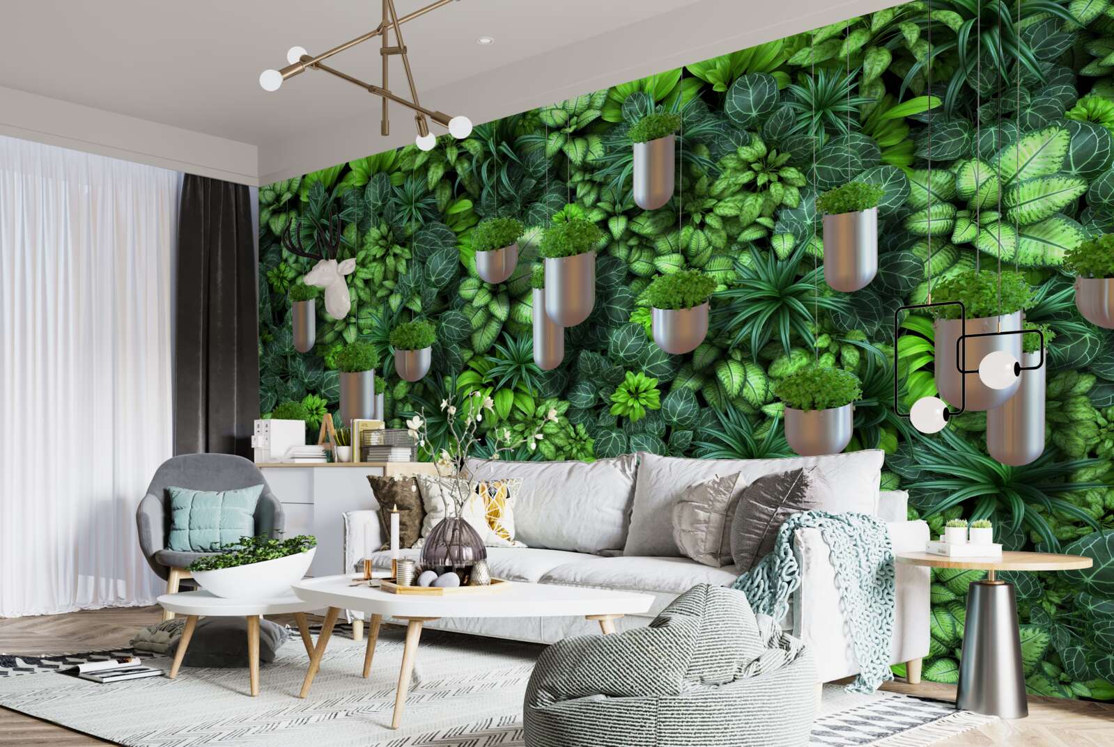 Fotobehang de kleur is groen en de planten staan in een pot