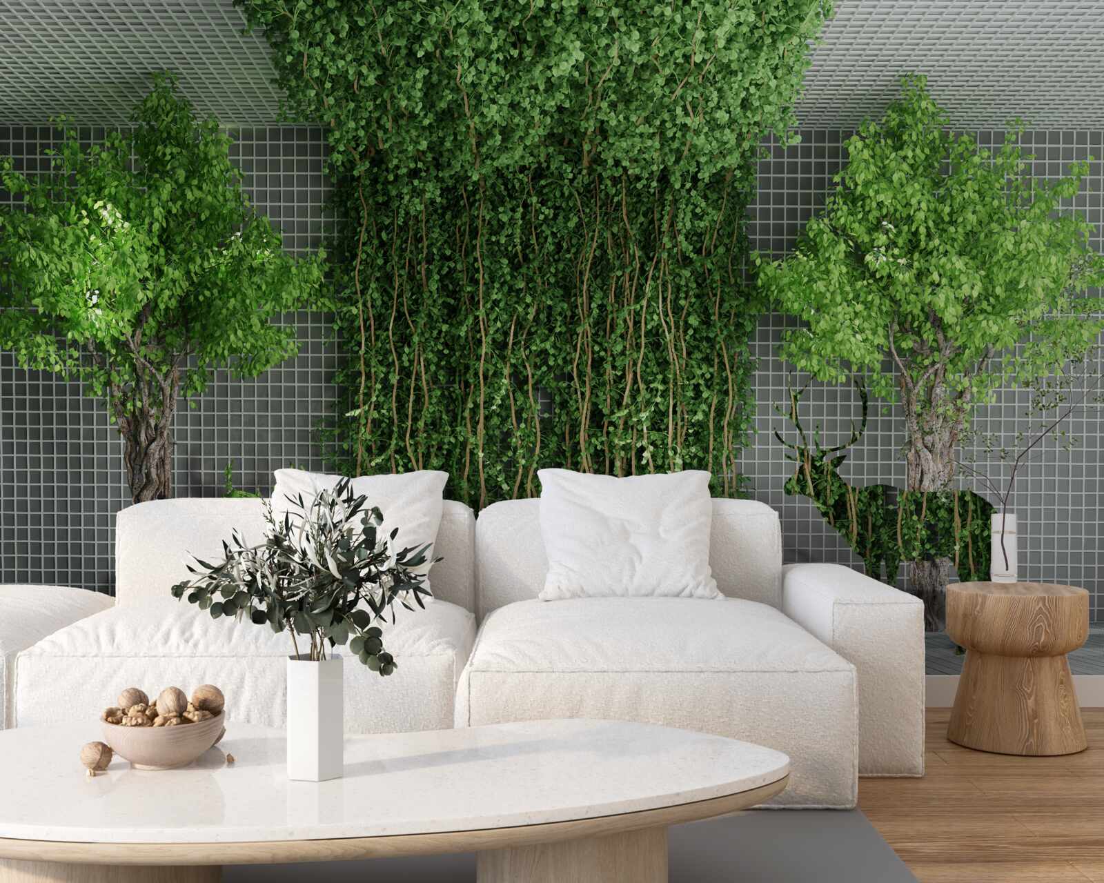 Fotobehang groen bos omringt de hertenscène