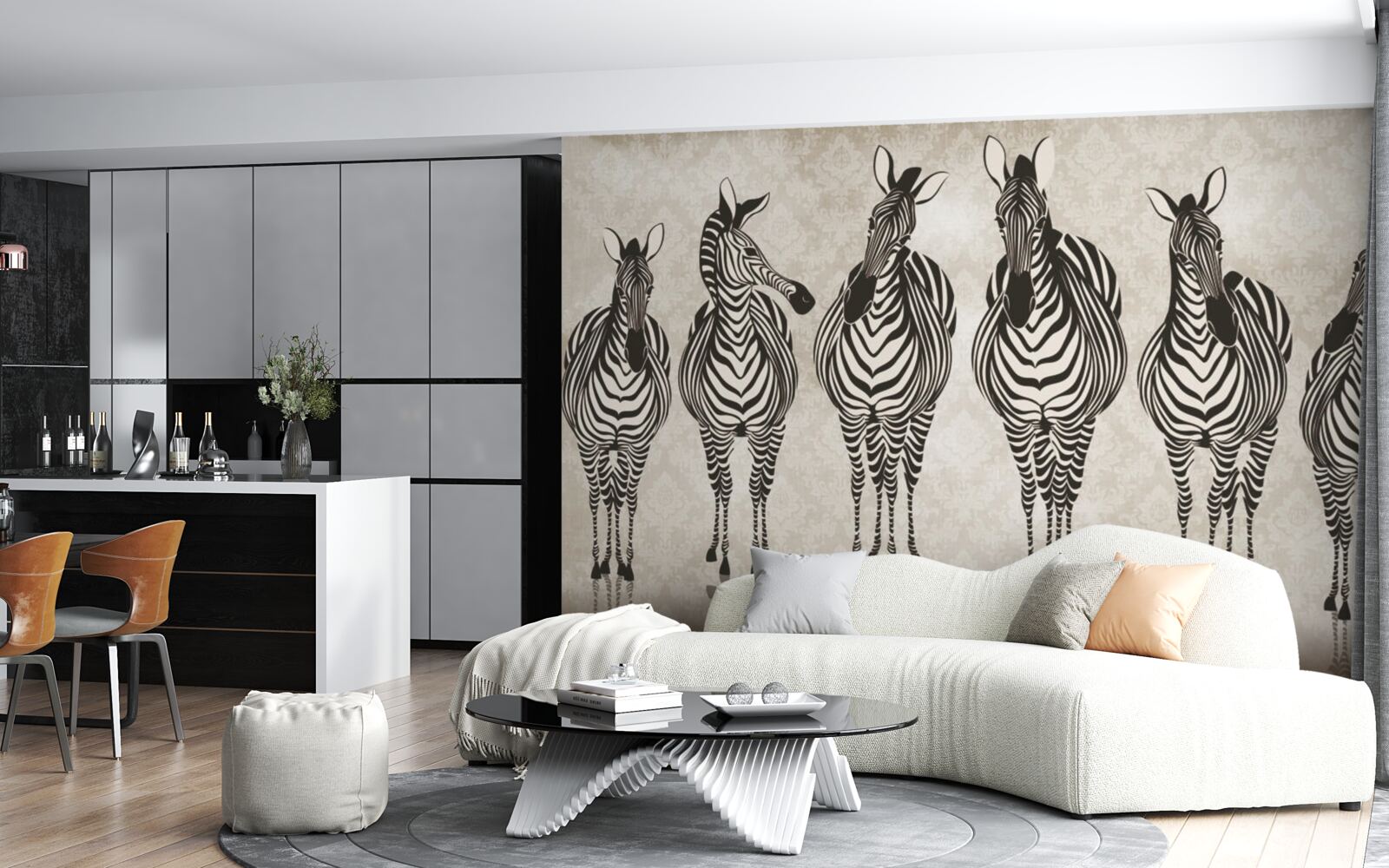 Fotobehang een groep zebra's op weg naar hun schuilplaats