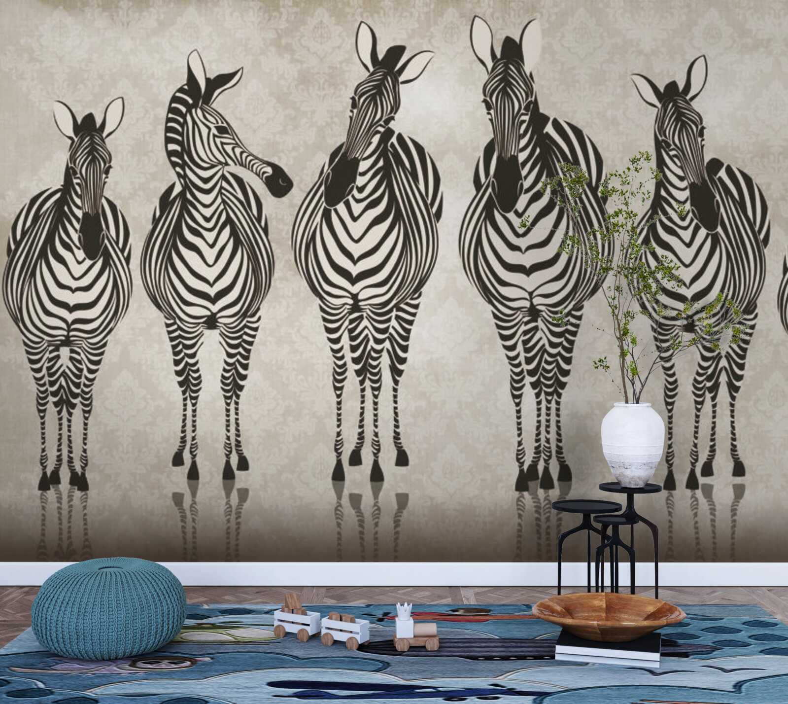 Fotobehang een groep zebra's op weg naar hun schuilplaats