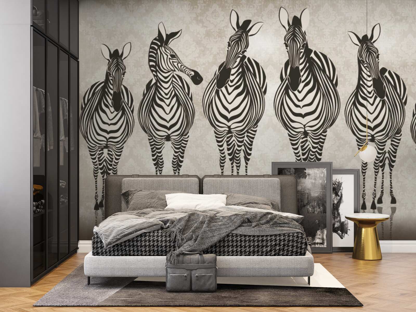 Fotobehang een groep zebra's op weg naar hun schuilplaats