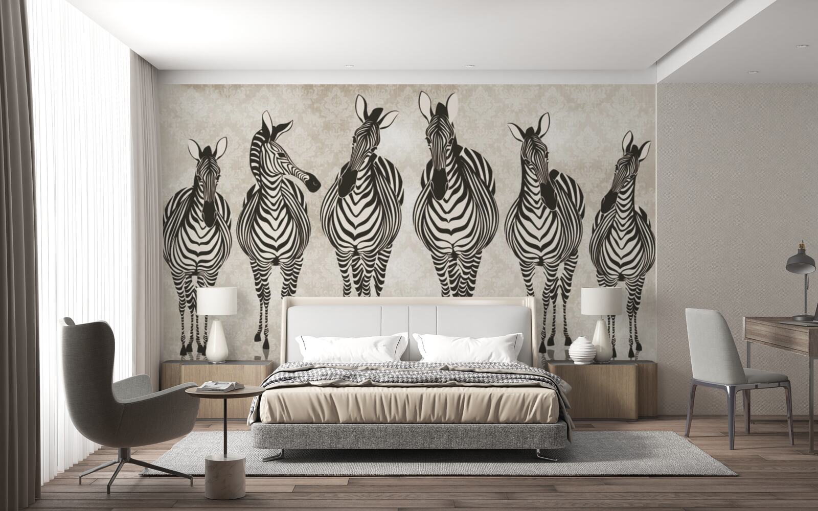 Fotobehang een groep zebra's op weg naar hun schuilplaats