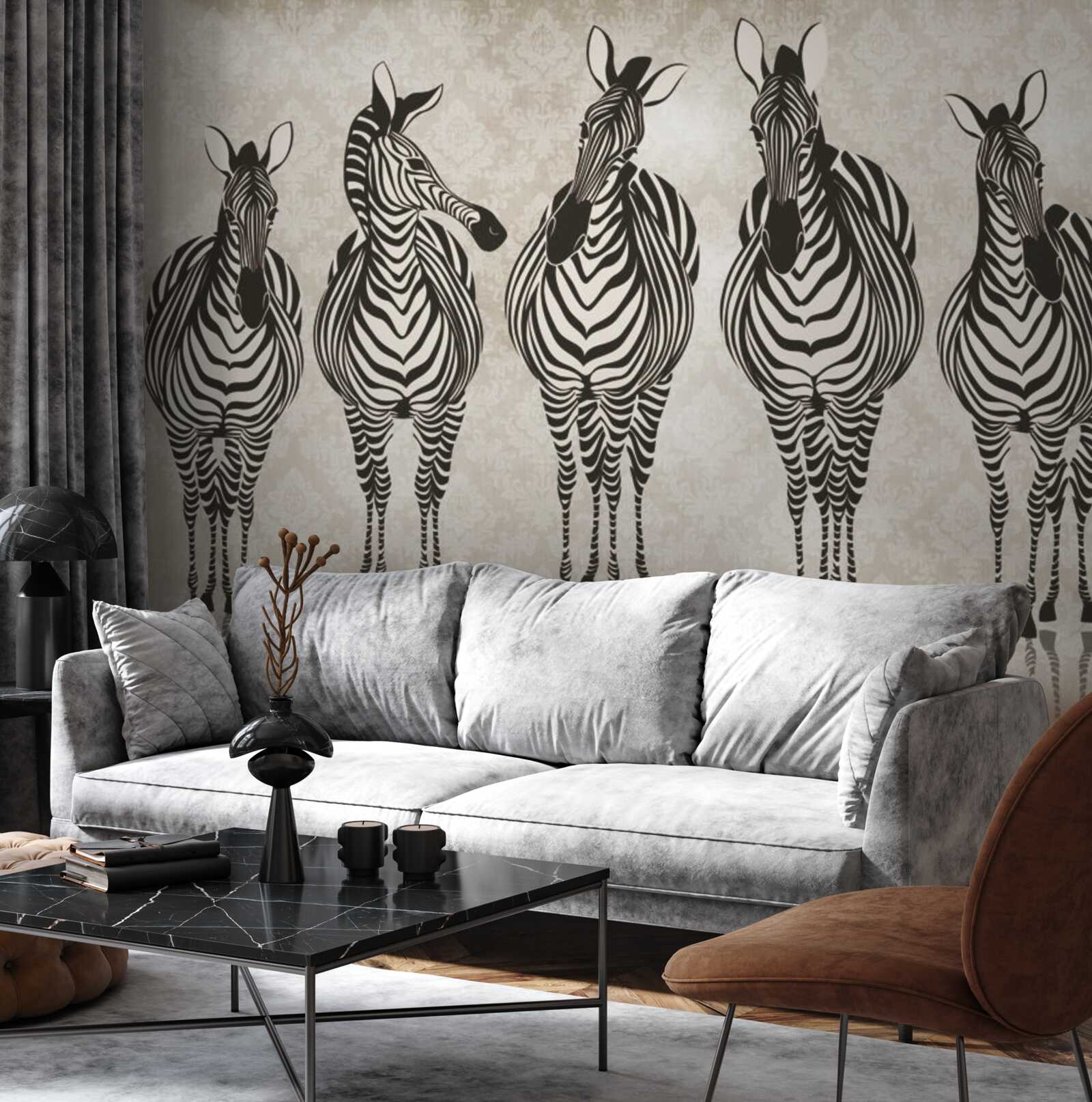 Fotobehang een groep zebra's op weg naar hun schuilplaats