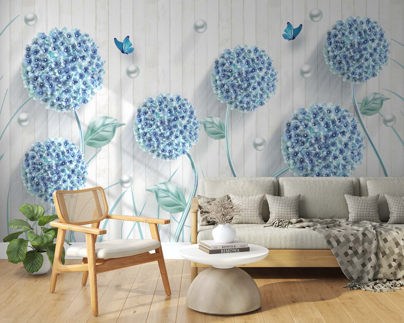 Fotobehang ongewone blauwe vlinders en bloemen