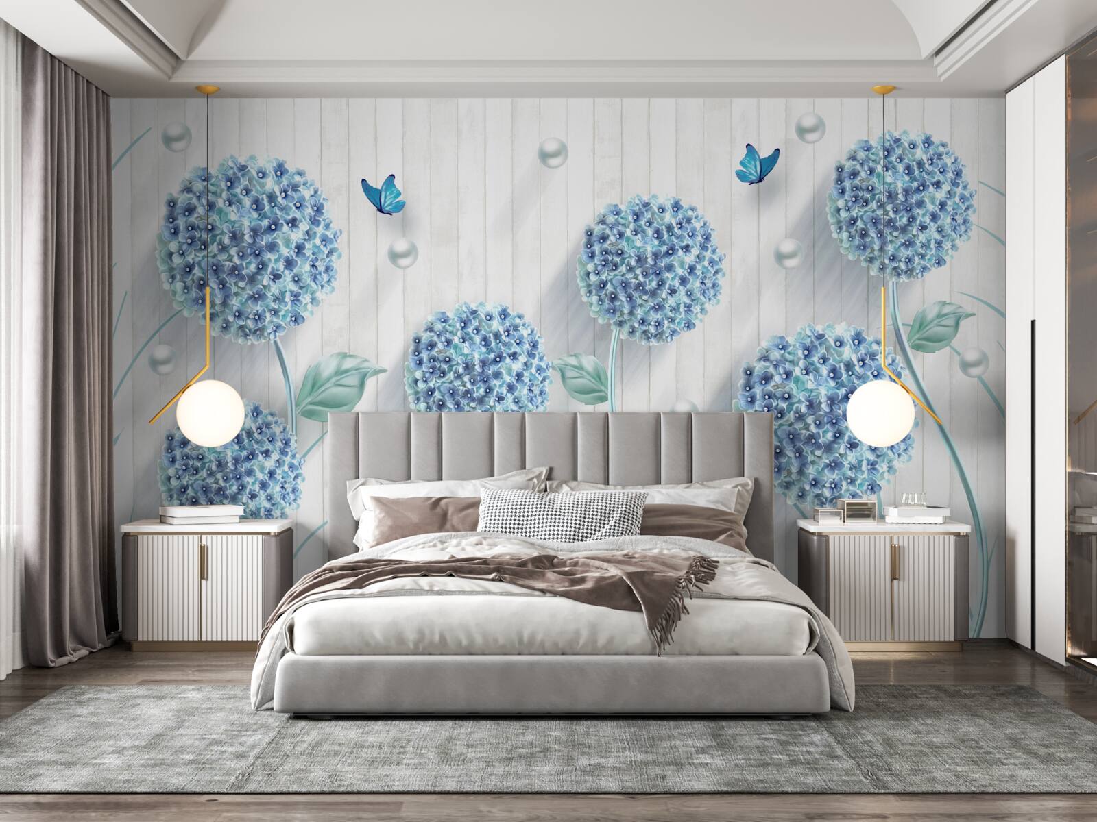 Fotobehang ongewone blauwe vlinders en bloemen