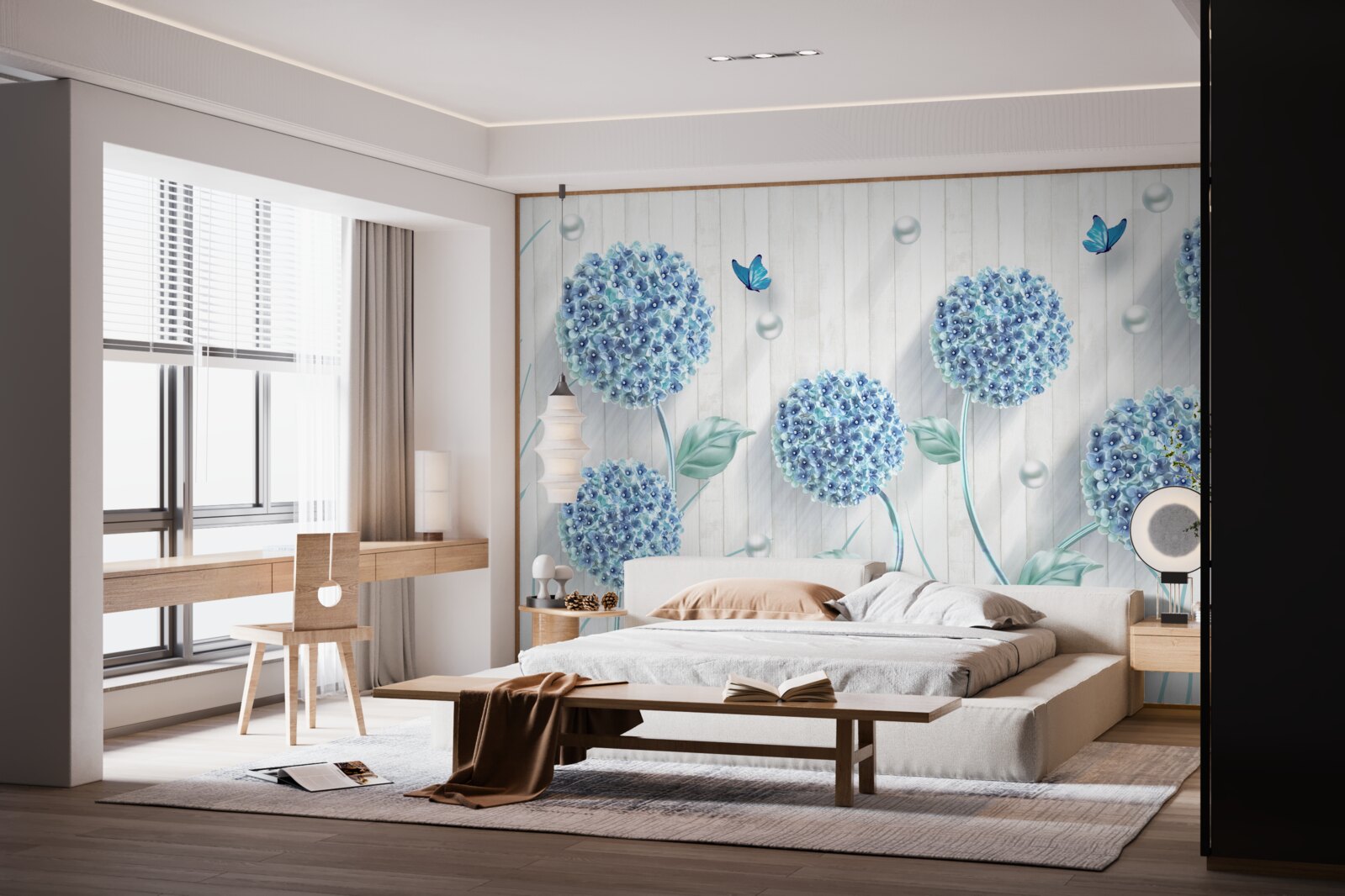 Fotobehang ongewone blauwe vlinders en bloemen