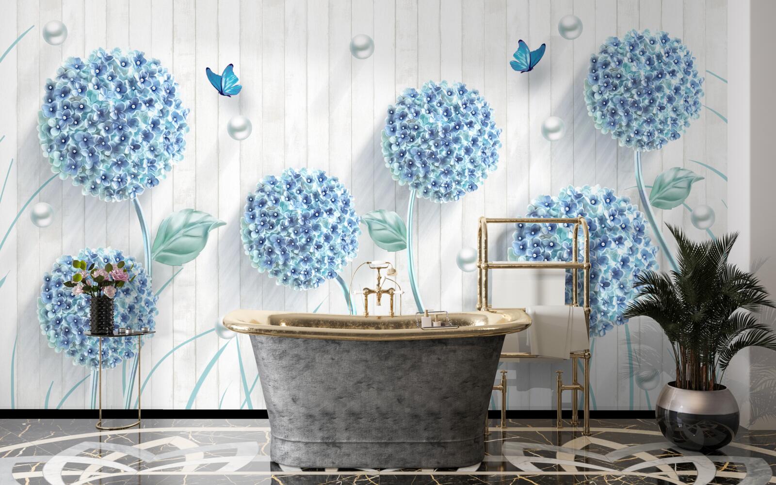 Fotobehang ongewone blauwe vlinders en bloemen