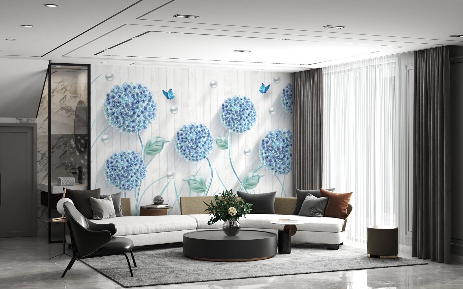 Fotobehang ongewone blauwe vlinders en bloemen