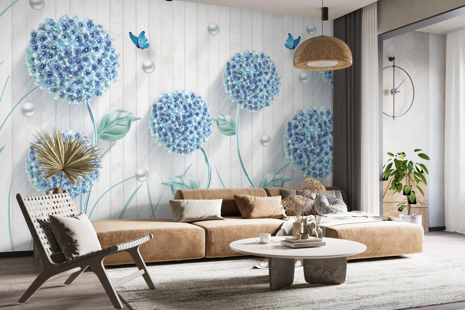 Fotobehang ongewone blauwe vlinders en bloemen