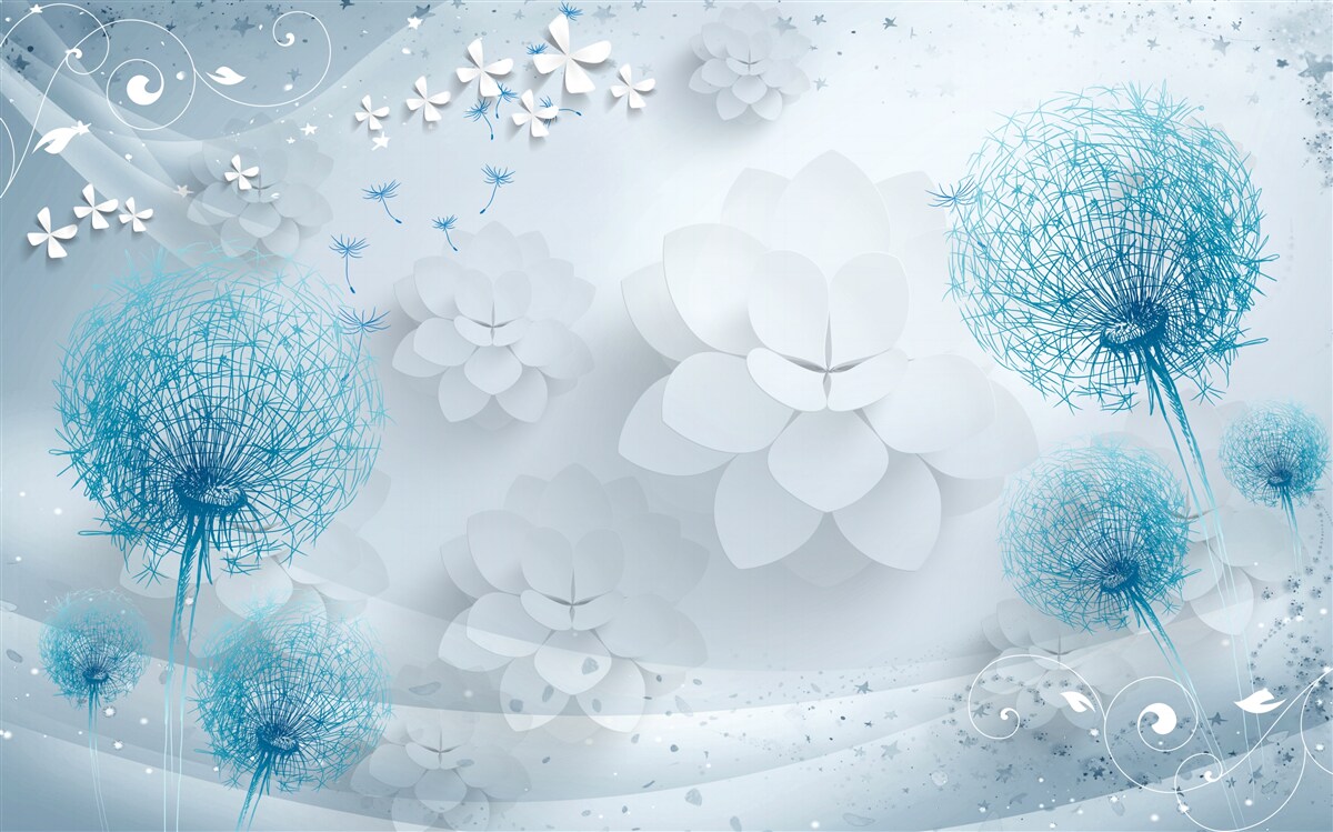 Fotobehang waaier van blauwe tinten met bloemen