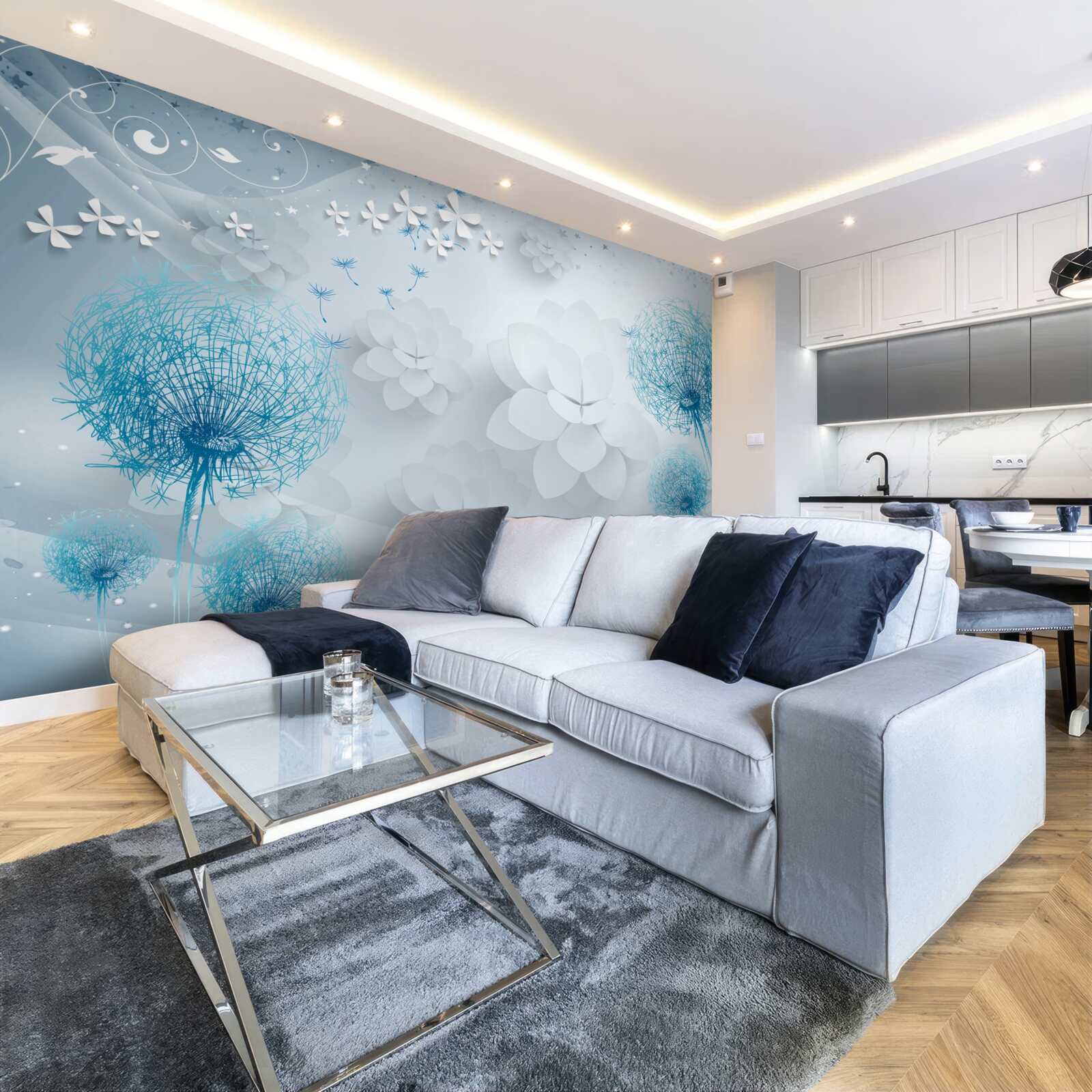 Fotobehang waaier van blauwe tinten met bloemen