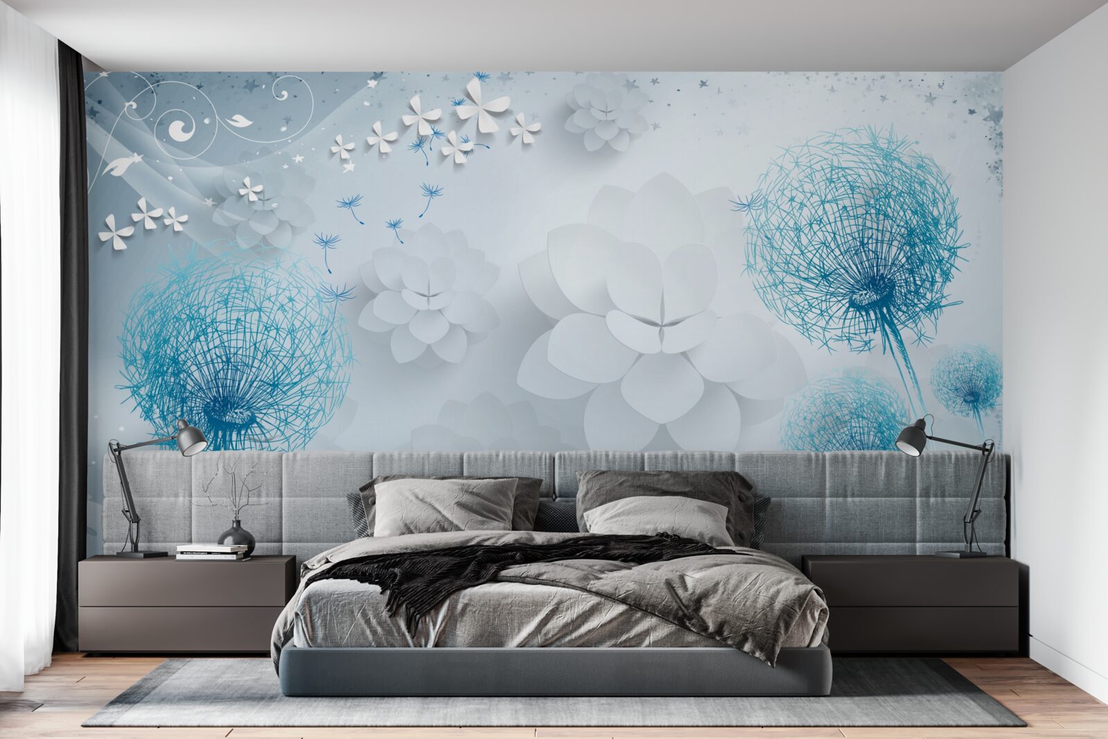 Fotobehang waaier van blauwe tinten met bloemen