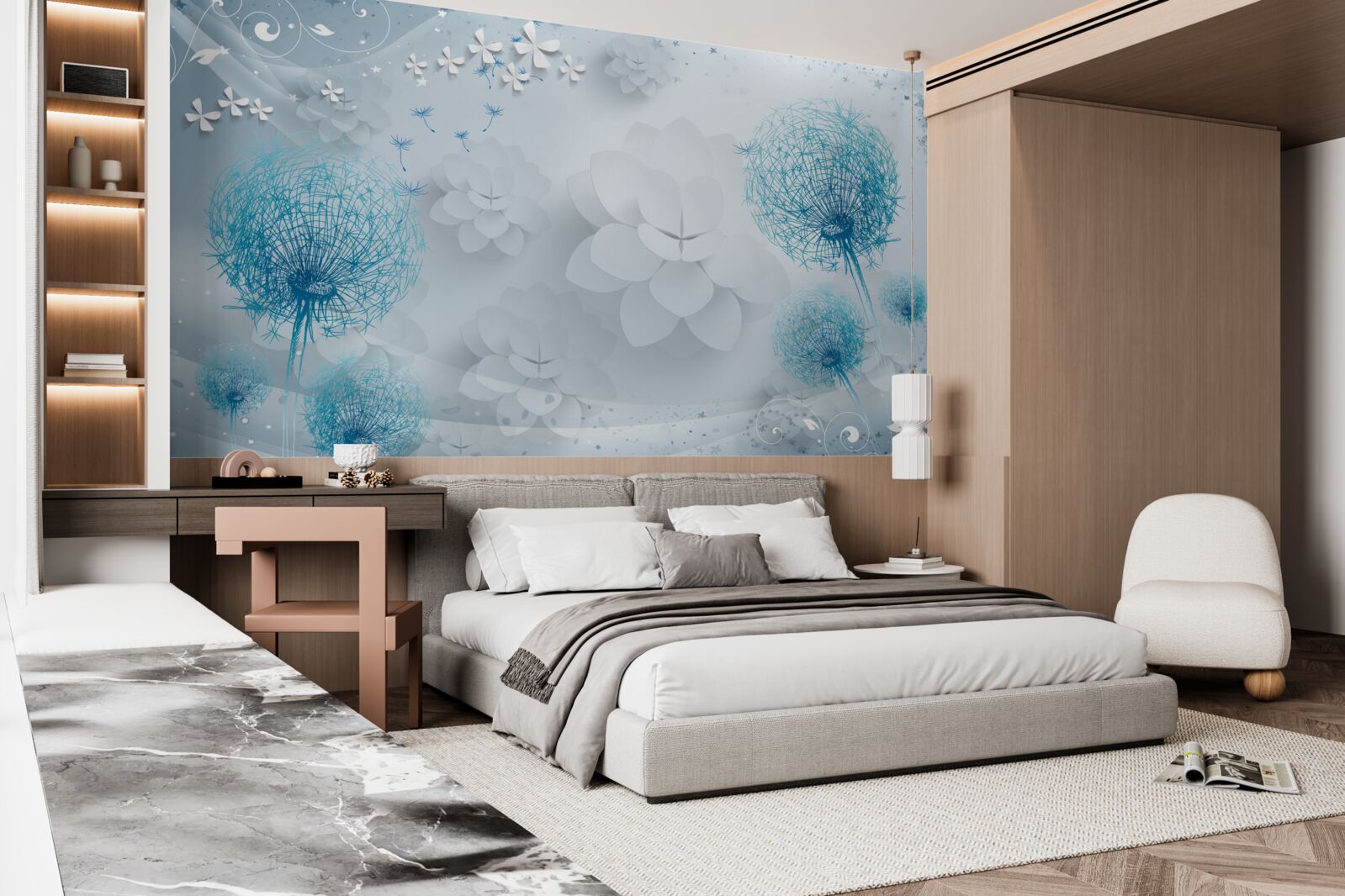 Fotobehang waaier van blauwe tinten met bloemen