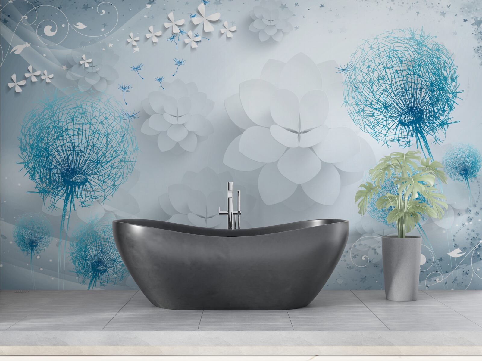 Fotobehang waaier van blauwe tinten met bloemen