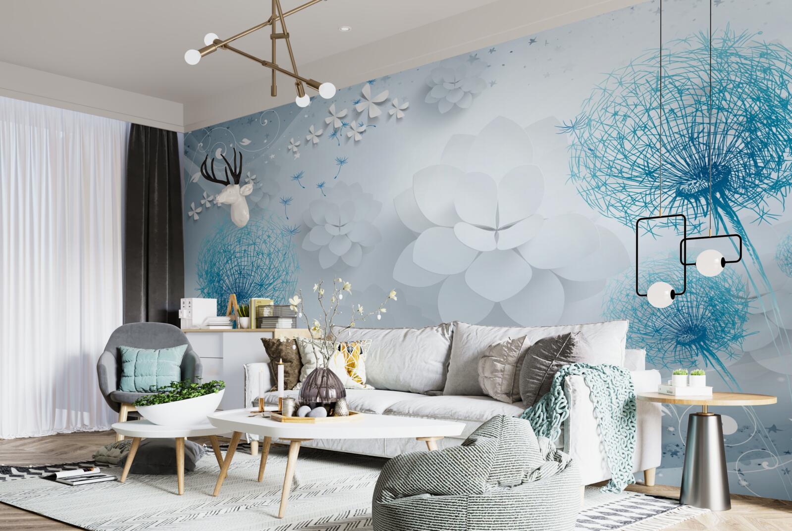 Fotobehang waaier van blauwe tinten met bloemen