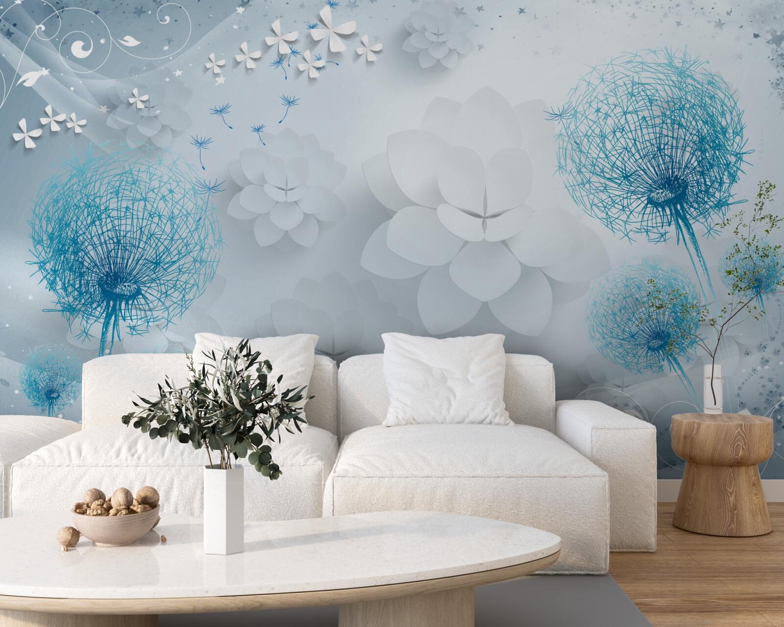 Fotobehang waaier van blauwe tinten met bloemen