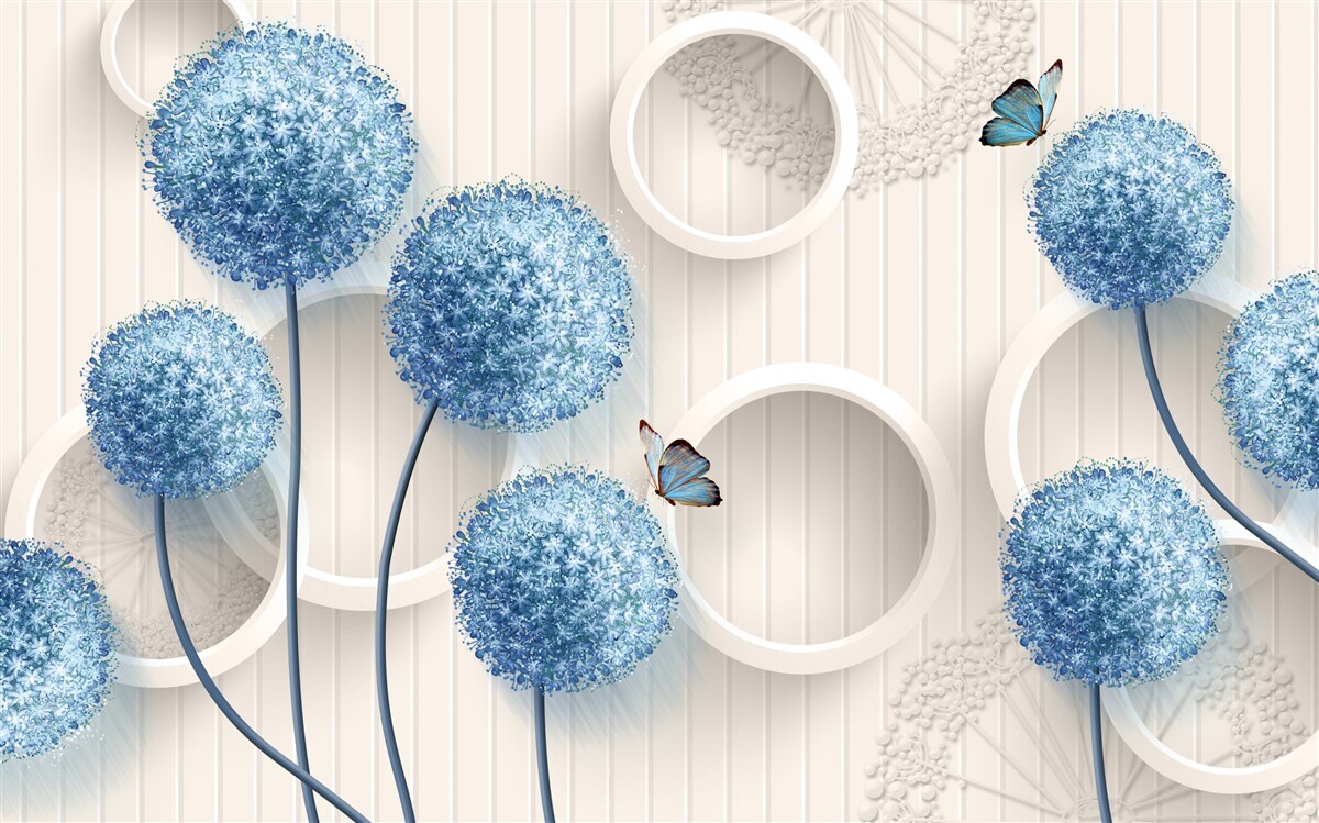 Fotobehang vlinders en blauwe bloemen op een witte achtergrond