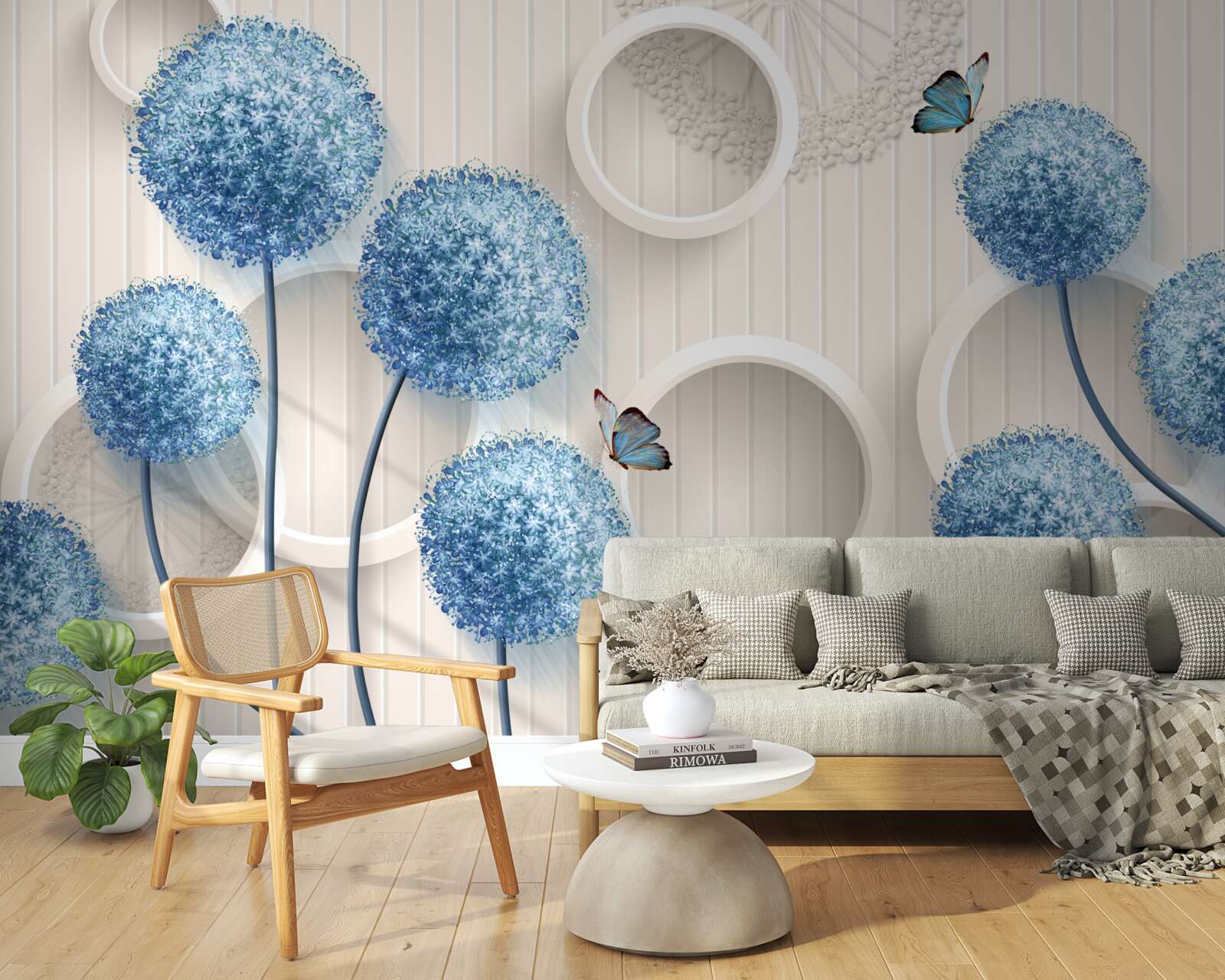 Fotobehang vlinders en blauwe bloemen op een witte achtergrond