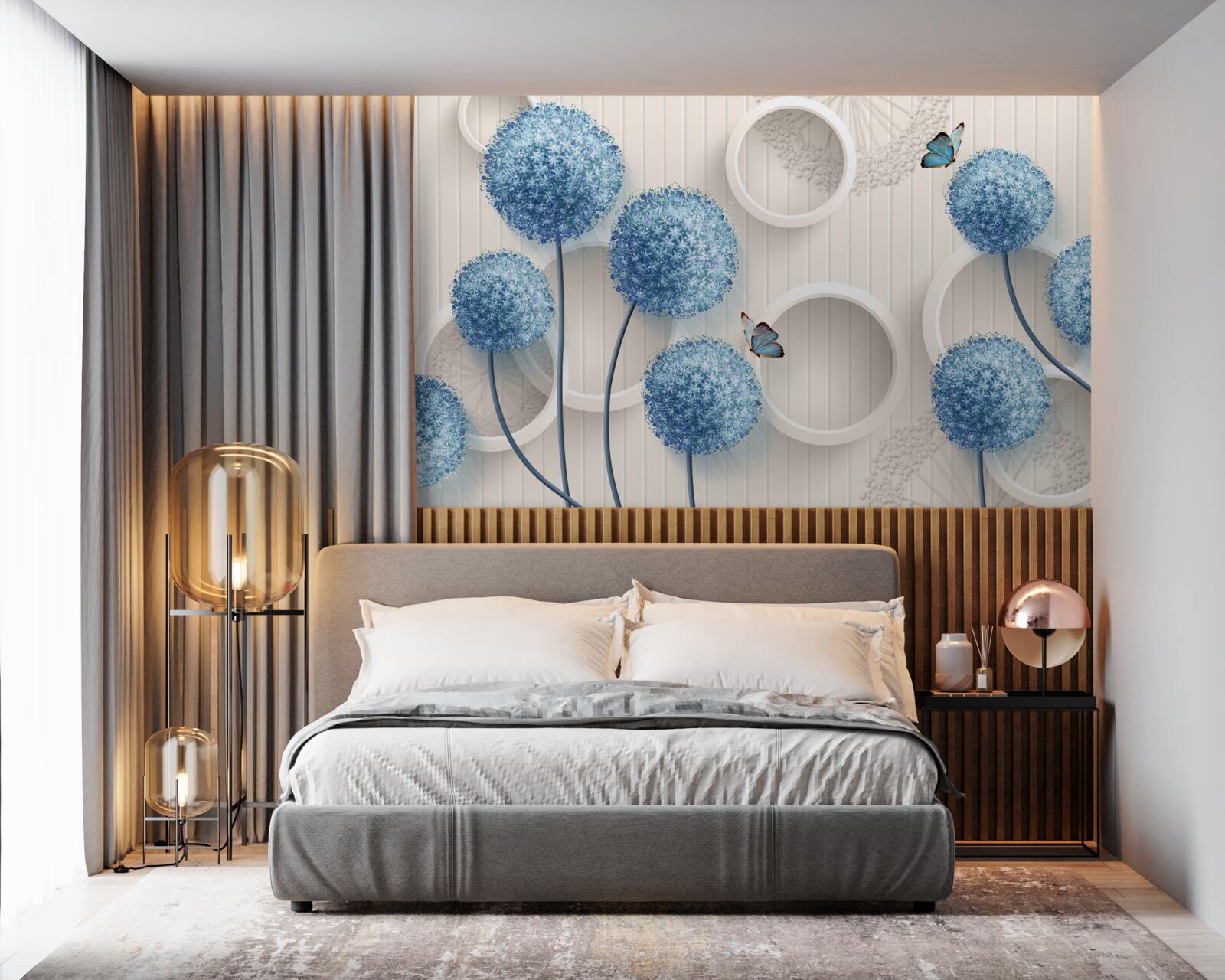 Fotobehang vlinders en blauwe bloemen op een witte achtergrond