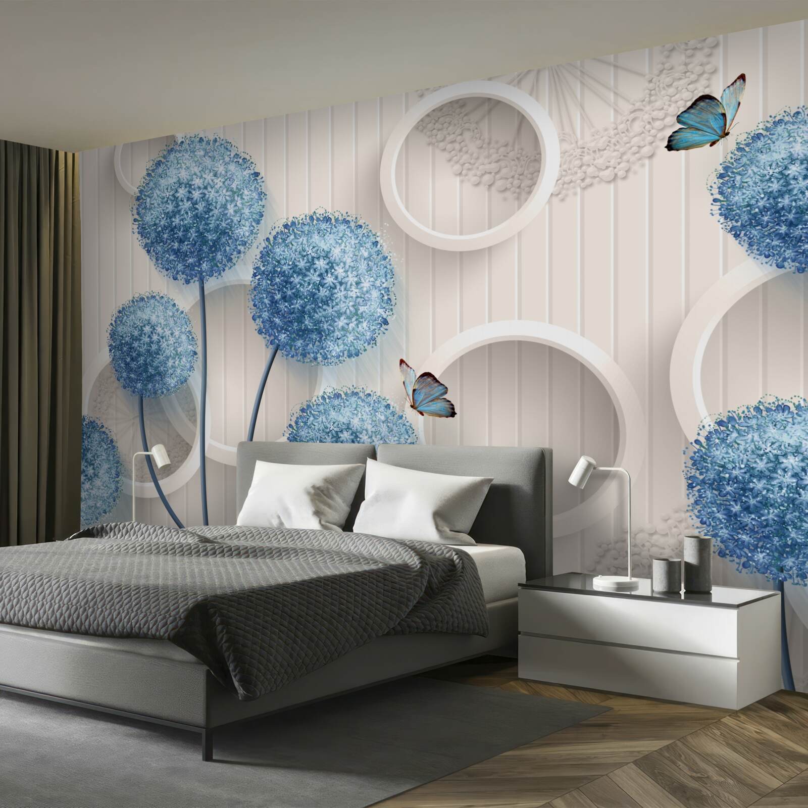 Fotobehang vlinders en blauwe bloemen op een witte achtergrond